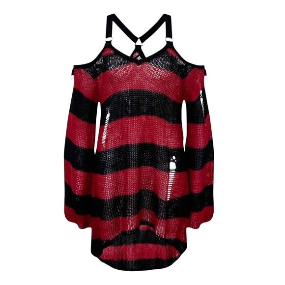 KILLSTAR Sweater Dress Sz.S  Red Black Knit Distressed Bell Sleeve Goth Punk - Picture 15 of 15